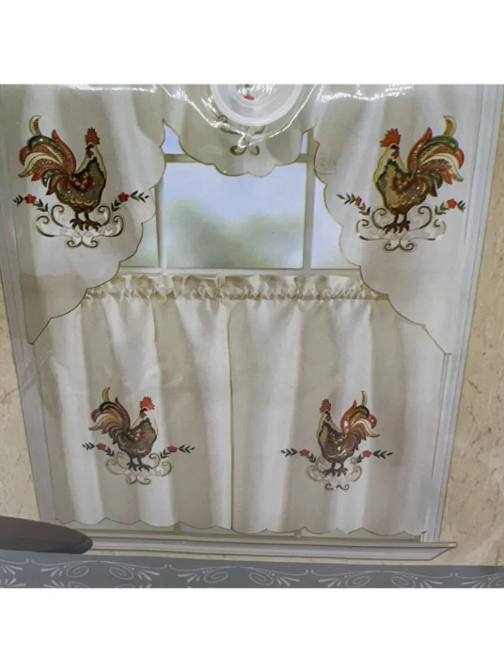 Rooster Sequins Kitchen Curtains 3 Piece Swag Tiers Farmhouse